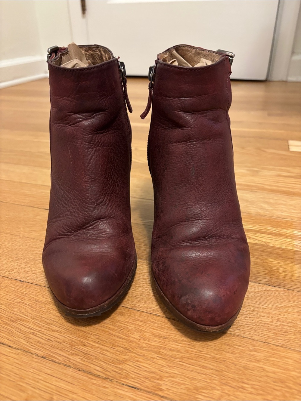 Women's Burgundy Leather Ankle Booties with Side Zip Accent